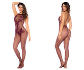 Combinaison florale Mapale 1116, dos nu et entrejambe ouvert, couleur cerise